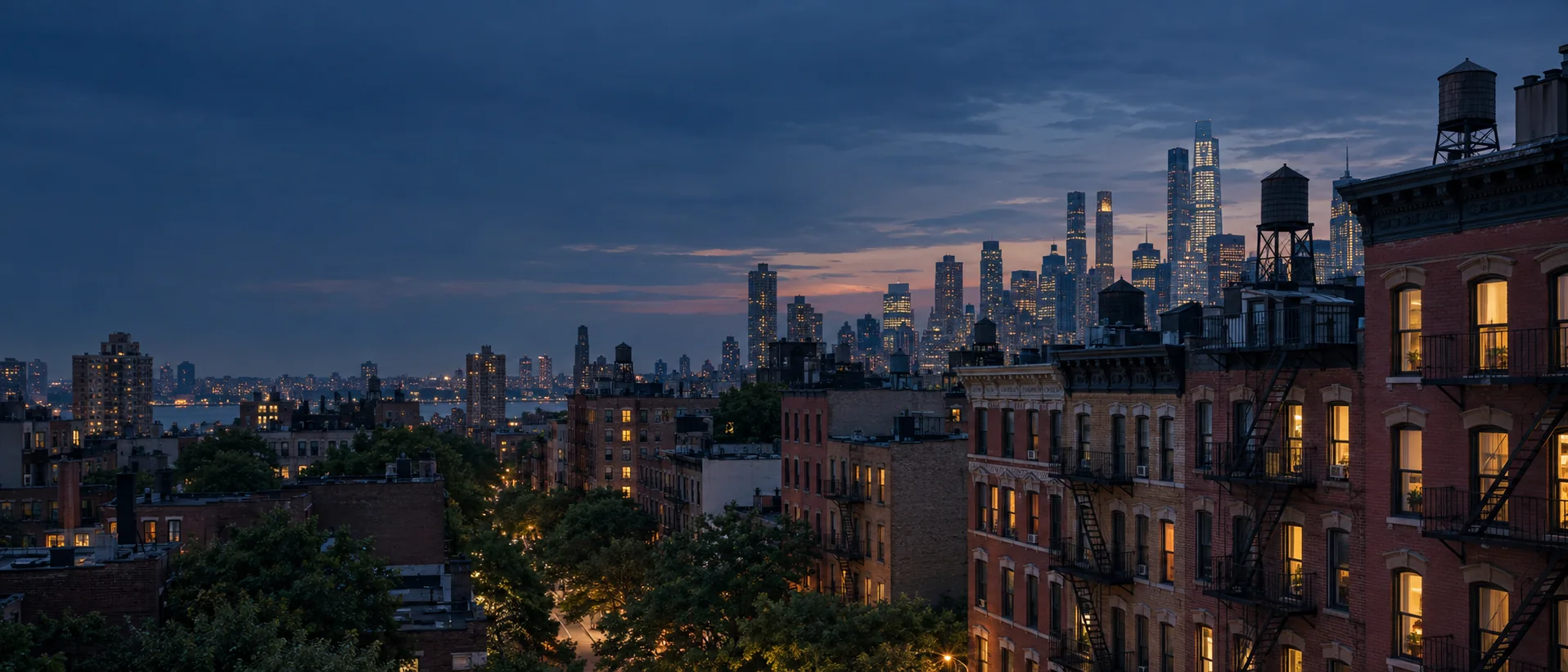 New York City skyline at dusk
